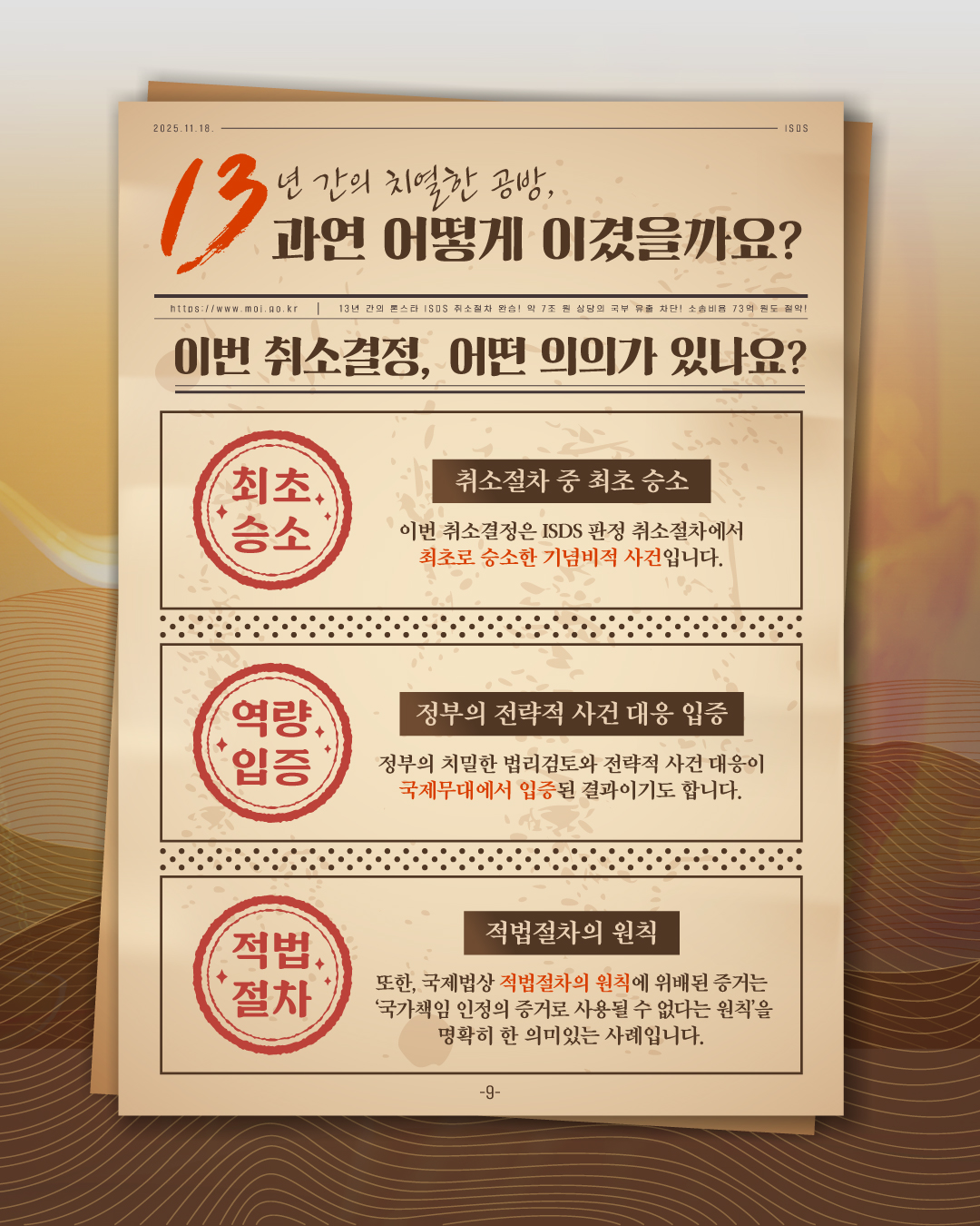 아홉번째 페이지입니다. 이번 취소결정, 어떤 의의가 있나요? 1, 취소절차 중 최초 승소. 이번 취소결정은 ISDS 판정 취소절차에서 최초로 승소한 기념비적 사건입니다. 2, 정부의 전략적 사건 대응 입증. 정부의 치밀한 법리검토와 전략적 사건 대응이 국제무대에서 입증된 결과이기도 합니다. 3, 적법절차의 원칙. 또한, 국제법상 적법절차의 원칙에 위배된 증거는 '국가책임 인정의 증거로 사용될 수 없다는 원칙'을 명확히 한 의미있는 사례입니다.