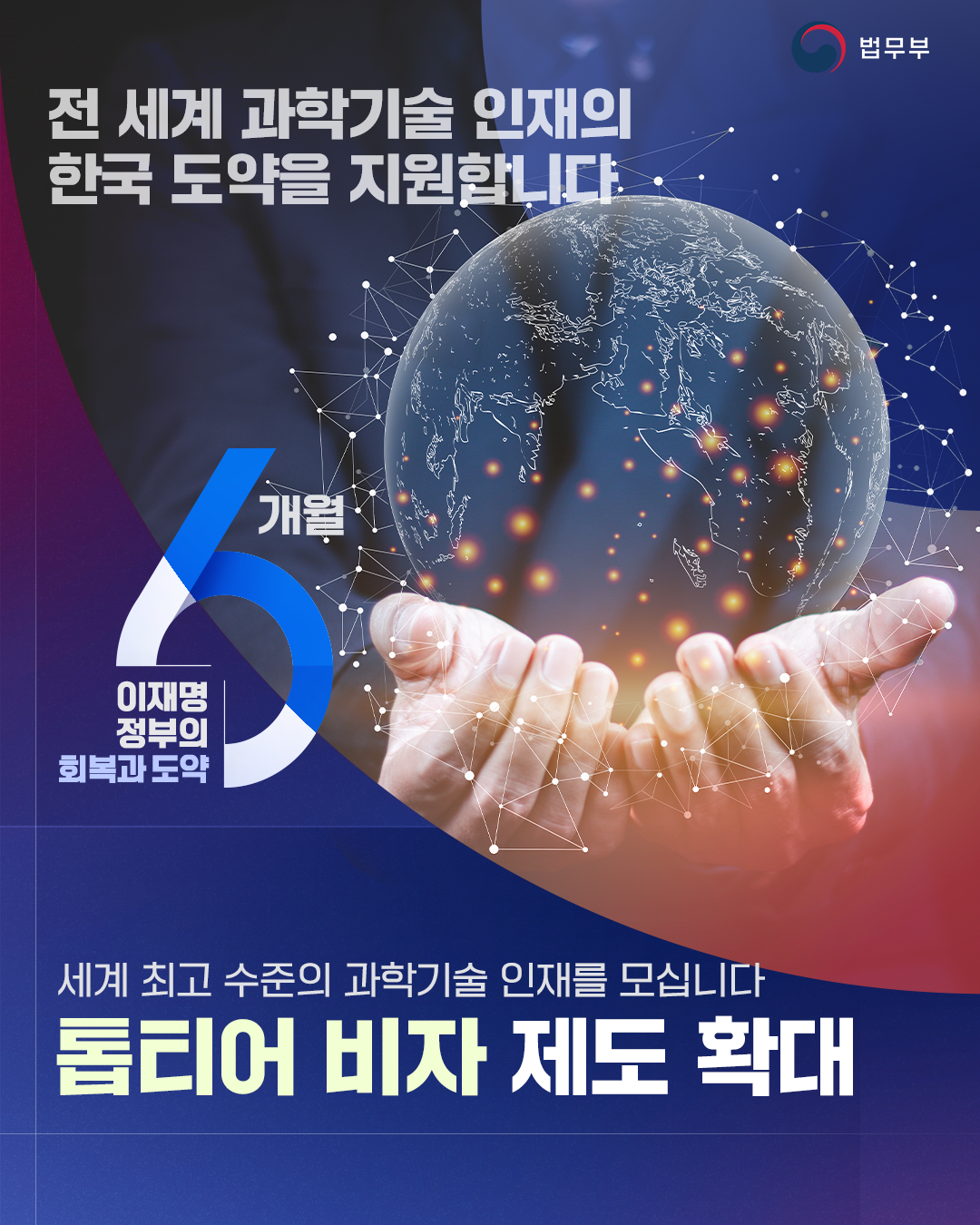 첫번째 페이지입니다. 1장으로 구성되어 있습니다. 전 세계 과학기술 인재의 한국 도약을 지원합니다. 이재명 정부의 회복과 도약 6개월. 세계 최고 수준의 과학기술 인재를 모십니다. 톱티어 비자 제도 확대.  끝.