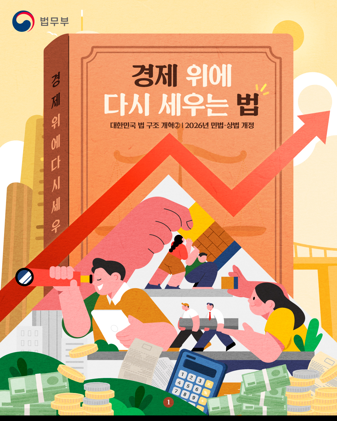 경제 위에 다시 세우는 법, 대한민국 법 구조 개혁 2편, 2026년 민법, 상법 개정 카드뉴스입니다. 총 10페이지로 구성되어있으며, 그 중 첫번째 페이지입니다.