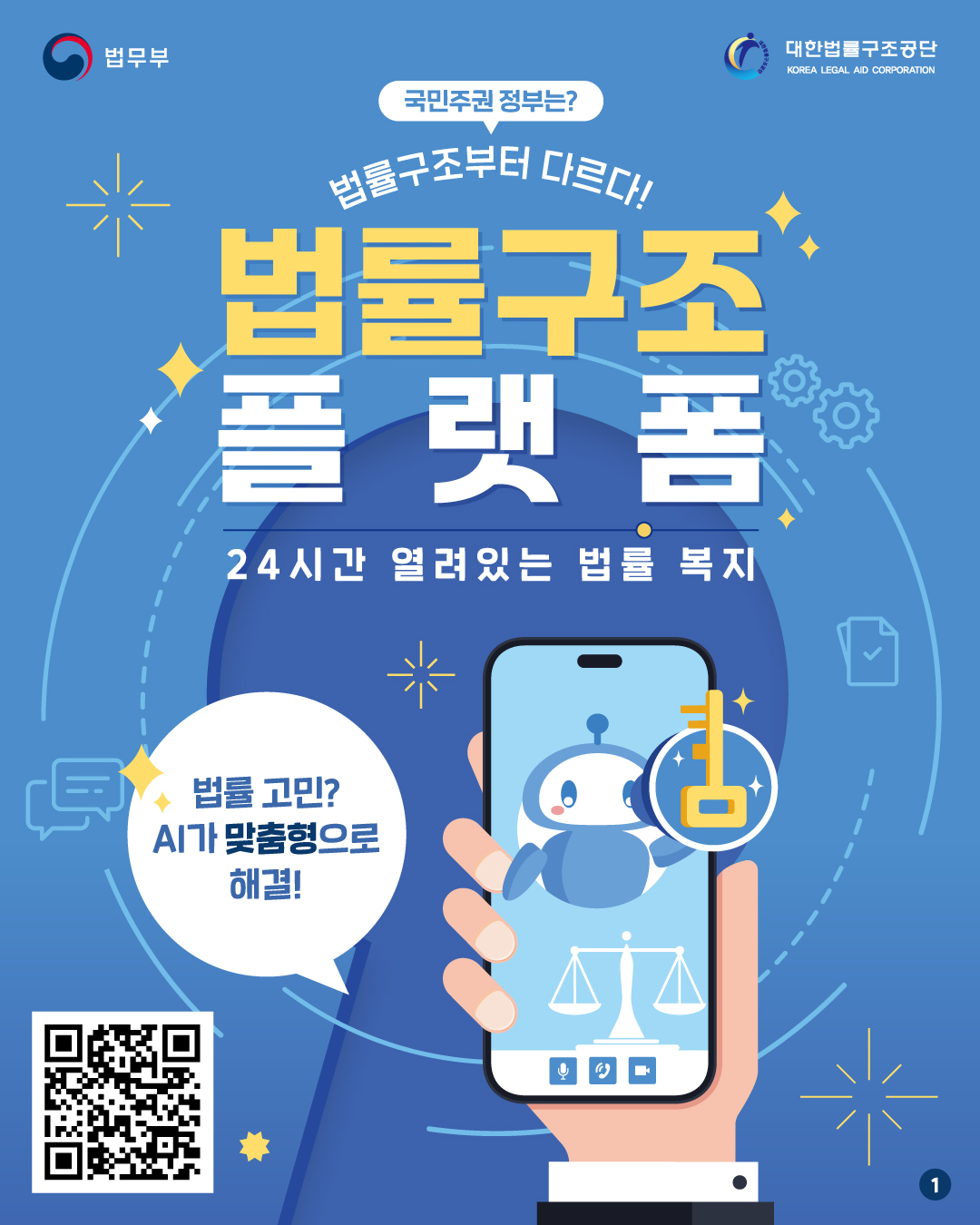 국민주권 정부는? 법률구조부터 다르다! 24시간 열려있는 법률 복지, 법률구조 플랫폼. 법률 고민? AI가 맞춤형으로 해결! 카드뉴스입니다. 총 다섯 페이지로 구성되어있습니다. 그 중 첫번째 페이지입니다.