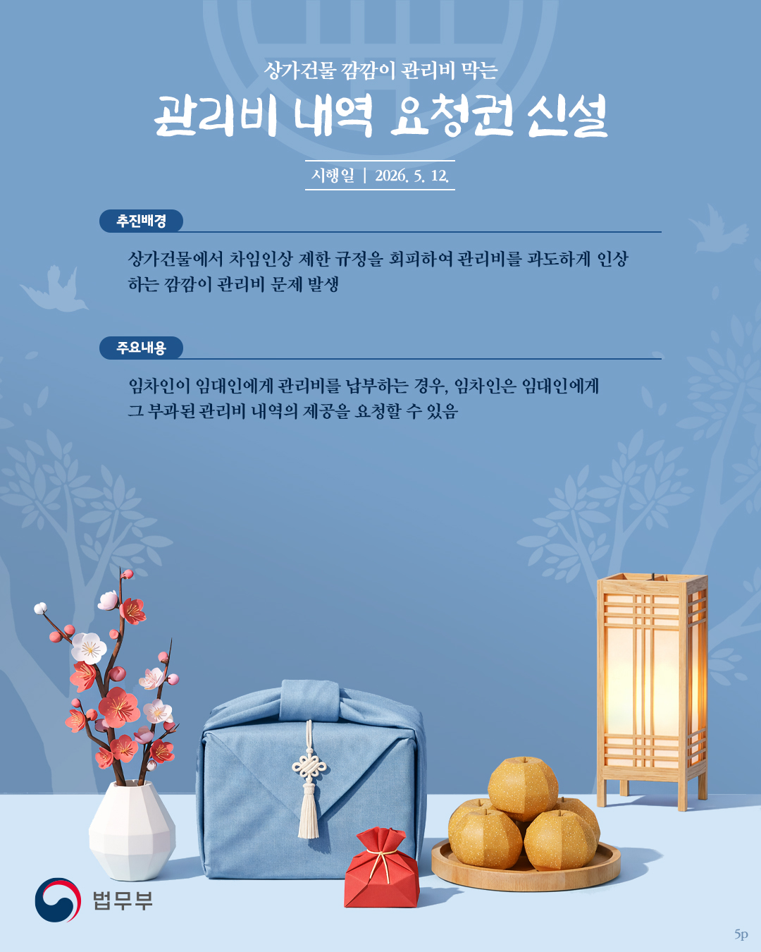 다섯번째 페이지입니다. 상가건물 깜깜이 관리비 막는 '관리비 내역 요청권 신설' 시행일 : 2026년 5월 12일. 추진배경: 상가 건물에서 차임인상 제한 규정을 회피하여 관리비를 과도하게 인상하는 깜깜이 관리비 문제 발생.