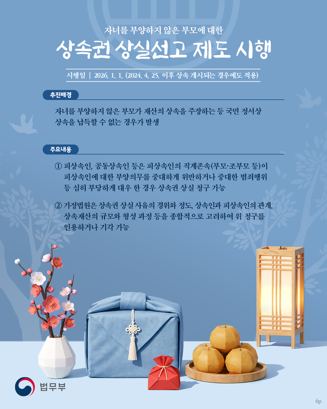 마지막 페이지입니다. 자녀를 부양하지 않은 부모에 대한 상속권 상실선고 제도 시행. 시행일 2026년 1월 1일. 2024년 4월 25일 이후 상속 개시되는 경우에도 적용. 끝.