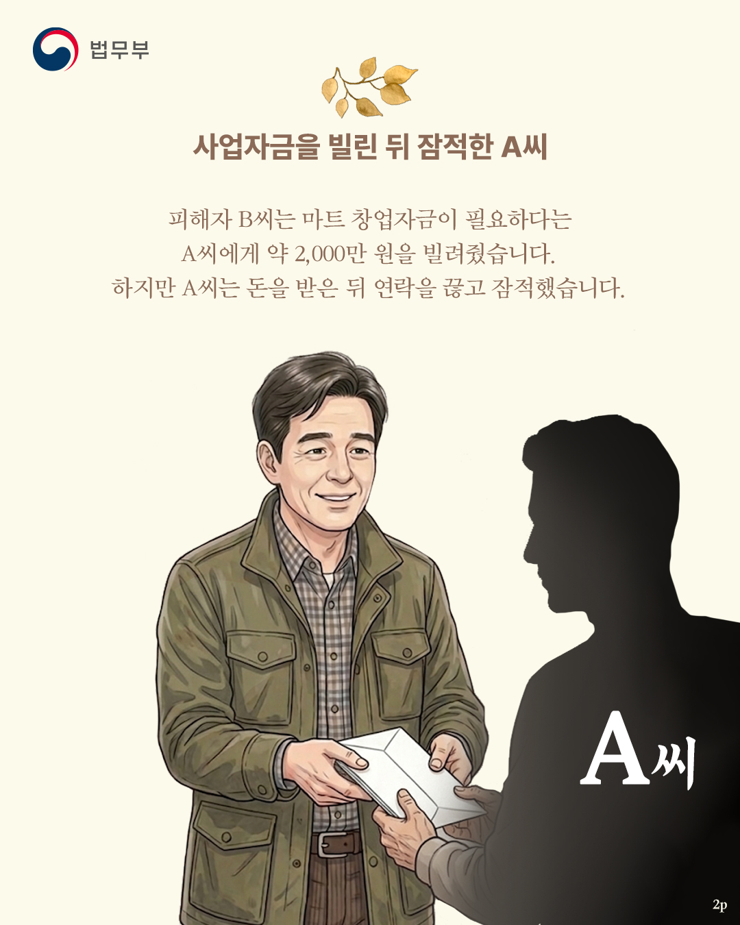 두번째 페이지입니다. <사업자금을 빌린 뒤 잠적한 A씨> 피해자 B씨는 마트 창업자금이 필요하다는 A씨에게 약 2,000만 원을 빌려줬습니다. 하지만 A씨는 돈을 받은 뒤 연락을 끊고 잠적했습니다.