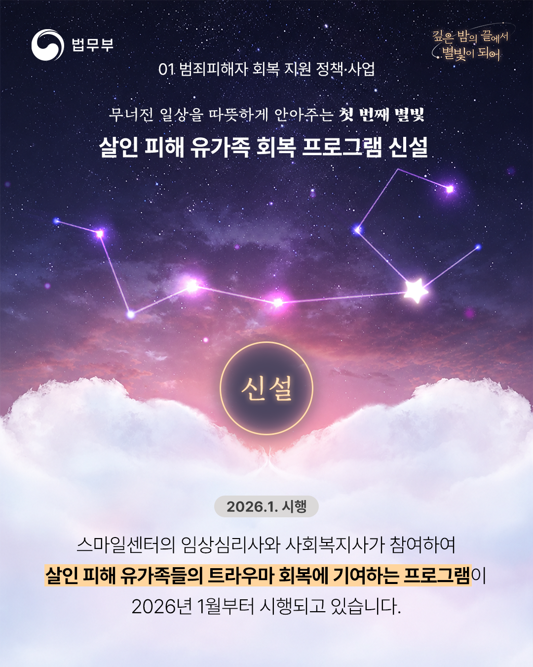 4️⃣살인 피해 유가족 회복 프로그램 신설 : 스마일센터의 임상심리사와 사회복지사가 참여하여 살인 피해 유가족들의   트라우마 회복에 기여하는 프로그램이 2026년 1월부터 시행되고 있습니다. (2026.1. 시행)
