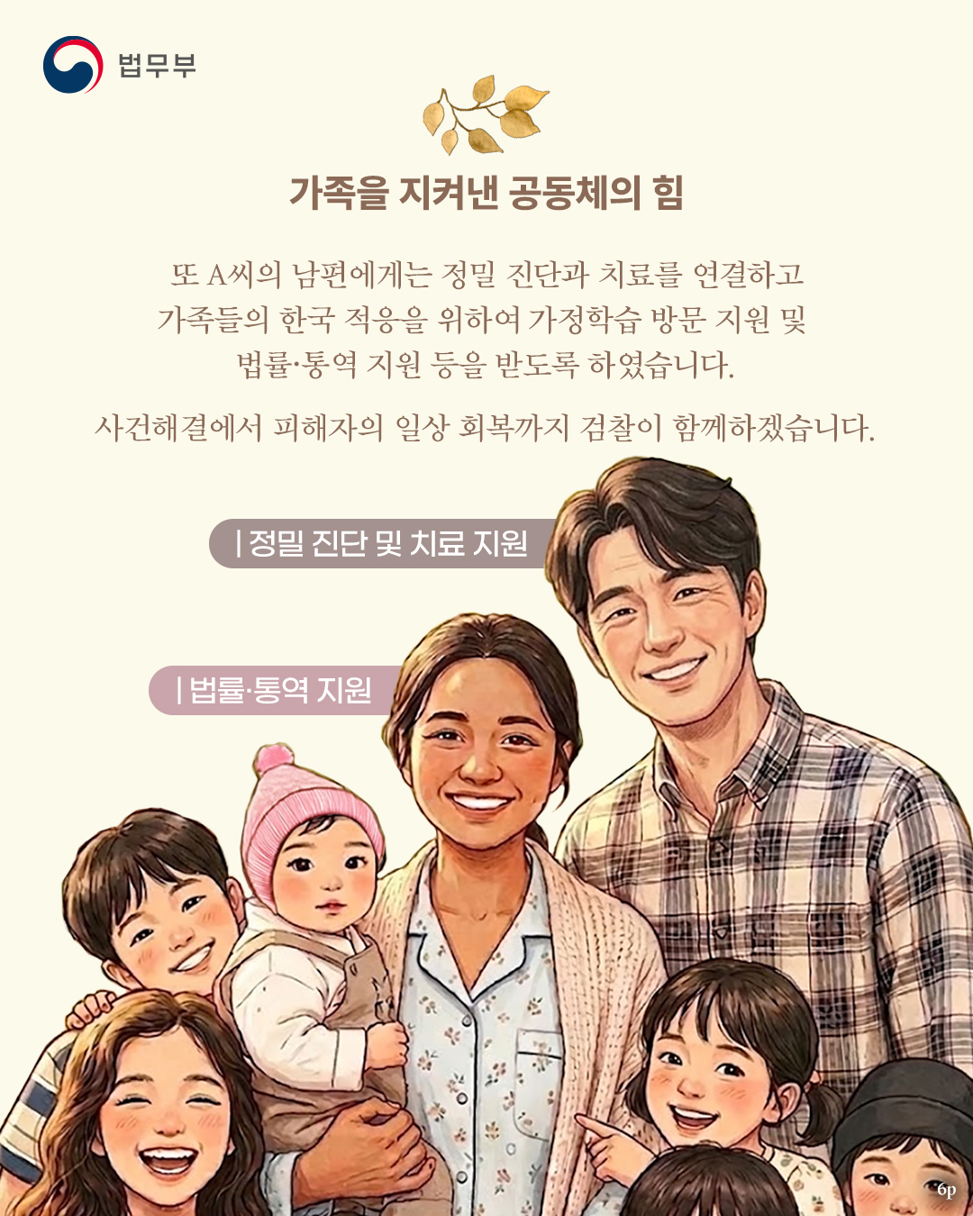 마지막 페이지입니다. 가족을 지켜낸 공동체의 힘. 또 A씨의 남편에게는 정밀 진단과 치료를 연결하고 가족들의 한국 적응을 위하여 가정학습 방문 지원 및 법률, 통역 지원 등을 받도록 하였습니다. 사건해결에서 피해자의 일상 회복까지 검찰이 함께하겠습니다. 끝.