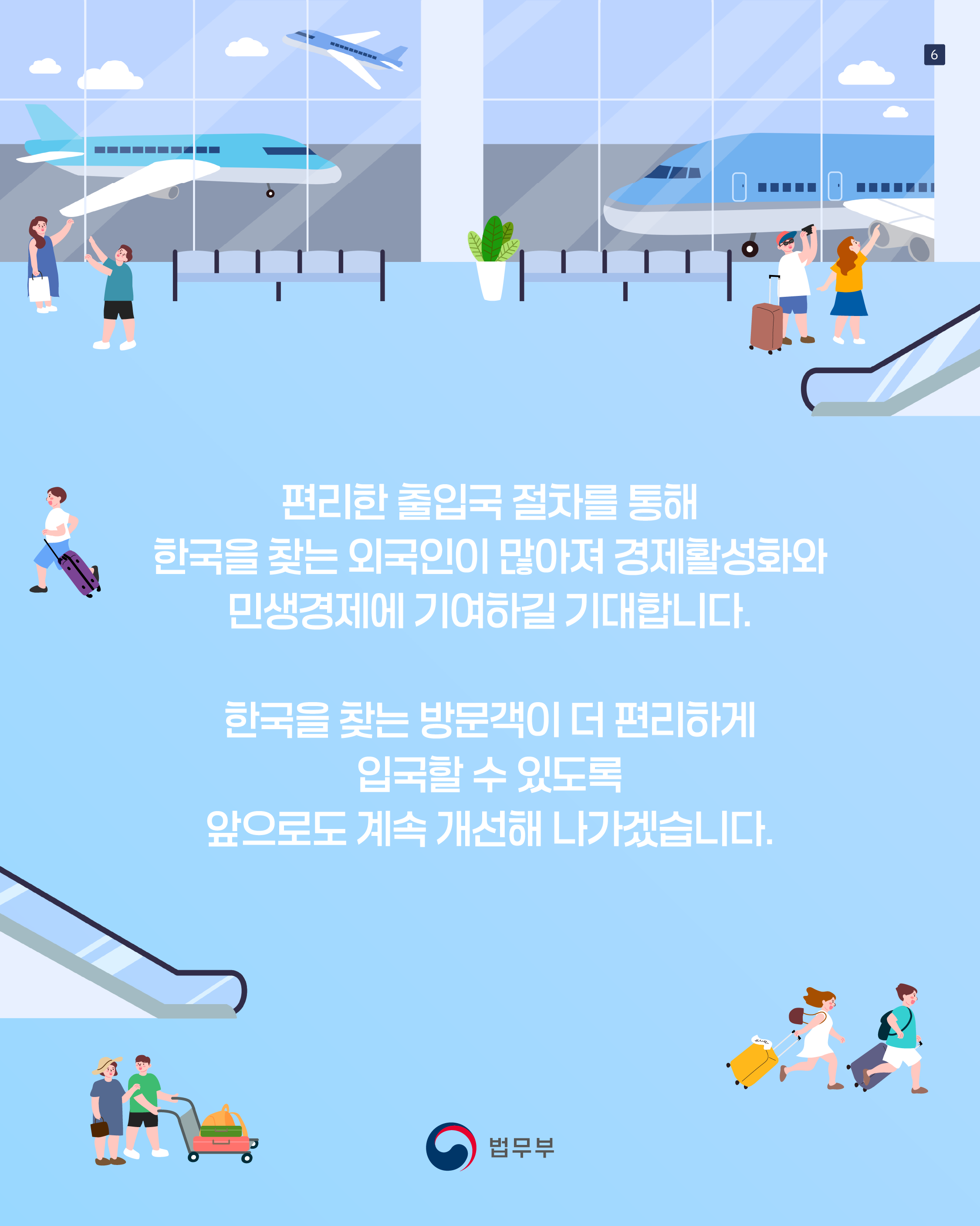 일곱번째 페이지입니다. 편리한 출입국 절차를 통해 한국을 찾는 외국인이 많아져 경제활성화와 민생경제에 기여하길 기대합니다. 한국을 찾는 방문객이 더 편리하게 입국할 수 있도록 앞으로도 계속 개선해 나가겠습니다. 끝.