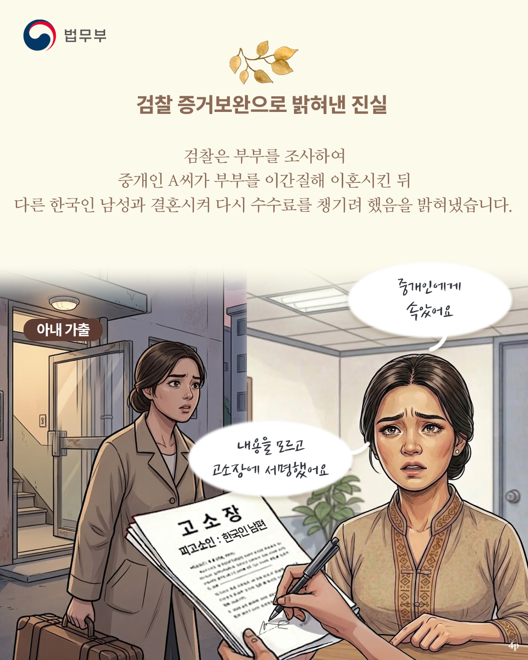 네번째 페이지입니다. 검찰 증거보완으로 밝혀낸 진실. 검찰은 부부를 조사하여 중개인 A씨가 부부를 이간질해 이혼시킨 뒤, 다른 한국인 남성과 결혼시켜 다시 수수료를 챙기려 했음을 밝혀냈습니다.