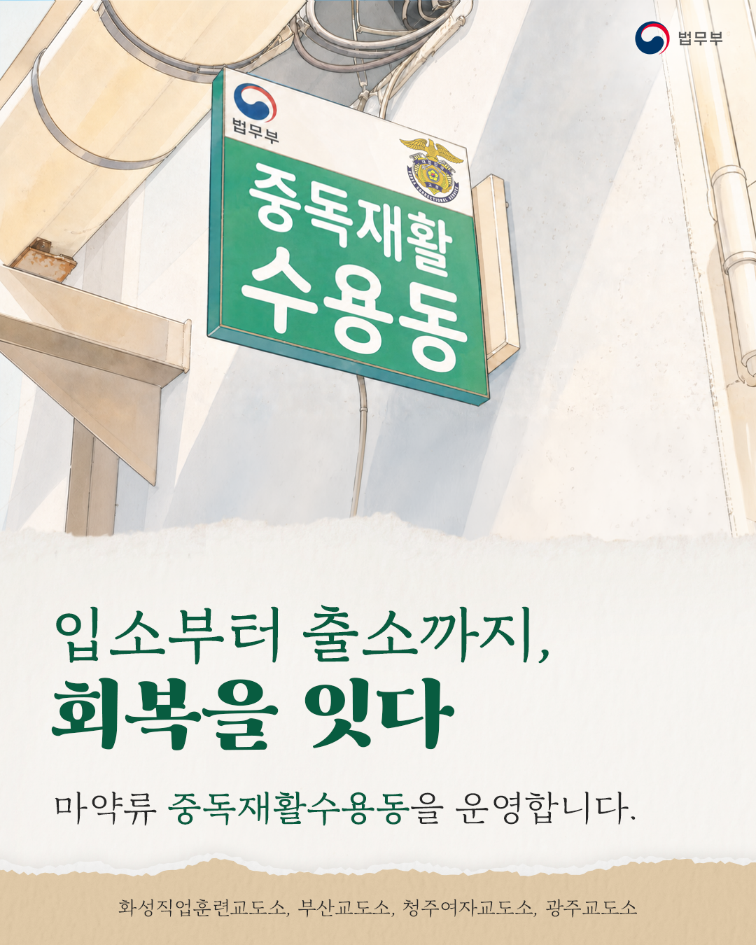 첫번째 페이지입니다. 총 9장으로 구성되어 있습니다. [입소부터 출소까지, 회복을 잇다] 마약류 중독재활수용동을 운영합니다. (화성직업훈련교도소, 부산교도소, 청주여자교도소, 광주교도소).