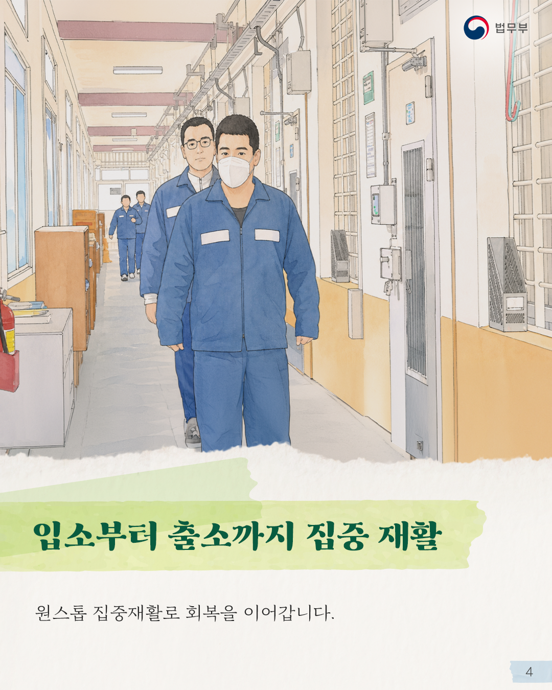 네번째 페이지입니다. <입소부터 출소까지 집중 재활> 원스톱 집중재활로 회복을 이어갑니다.