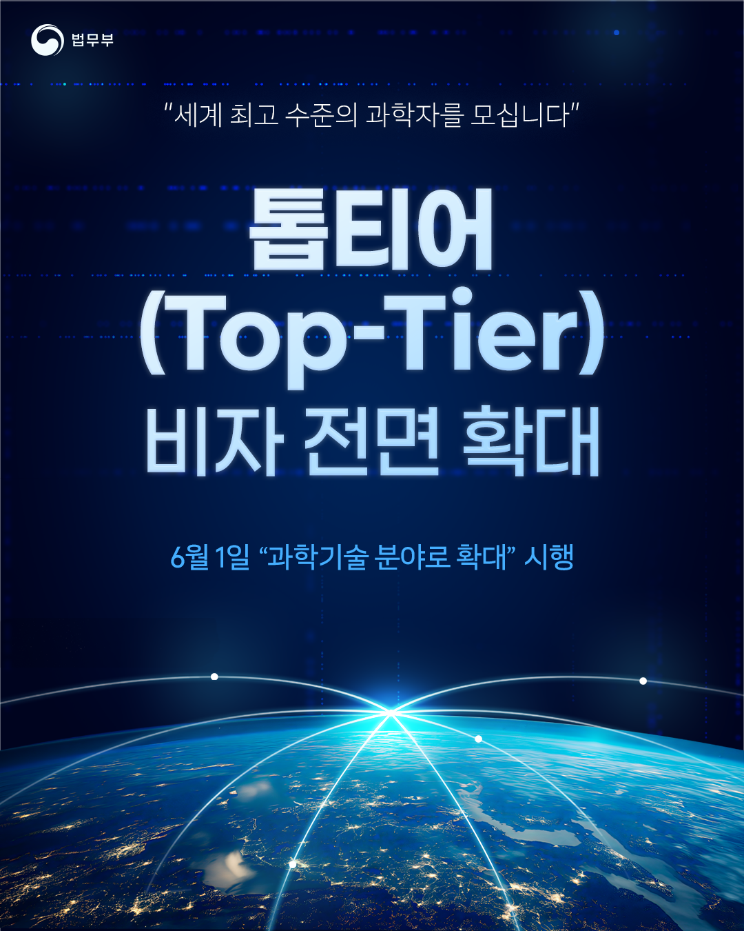 첫번째 페이지입니다. 총 6장으로 구성되어 있습니다. "세계 최고 수준의 과학자를 모십니다" <톱티어(Top-Tier) 비자 전면 확대> 6월 1일 "과학기술 분야로 확대" 시행.