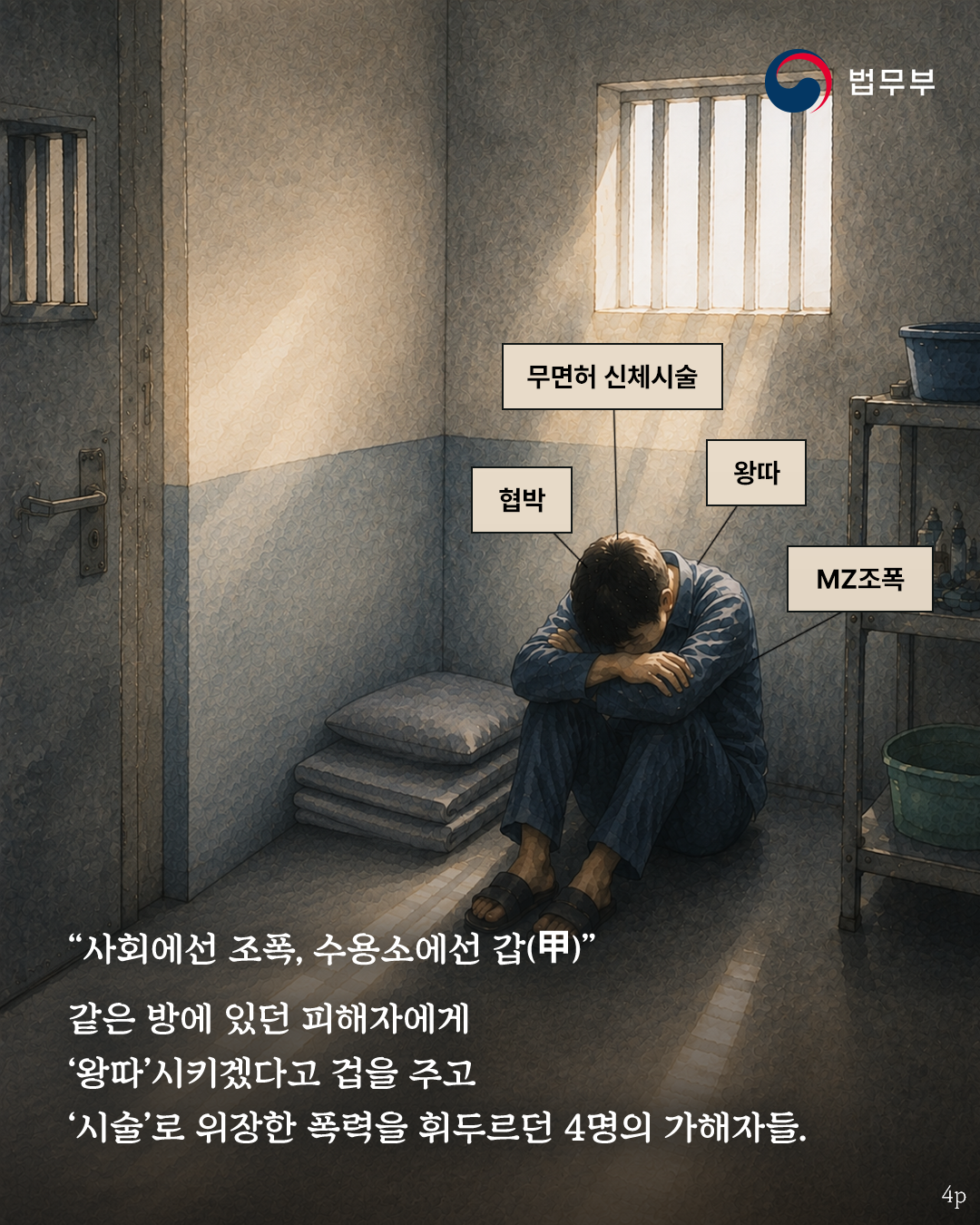 사회에선 조폭, 수용소에선 갑. 같은 방에 있던 피해자에게 왕따시키겠다고 겁을 주고 시술로 위장한 폭력을 휘두르던 4명의 가해자들.