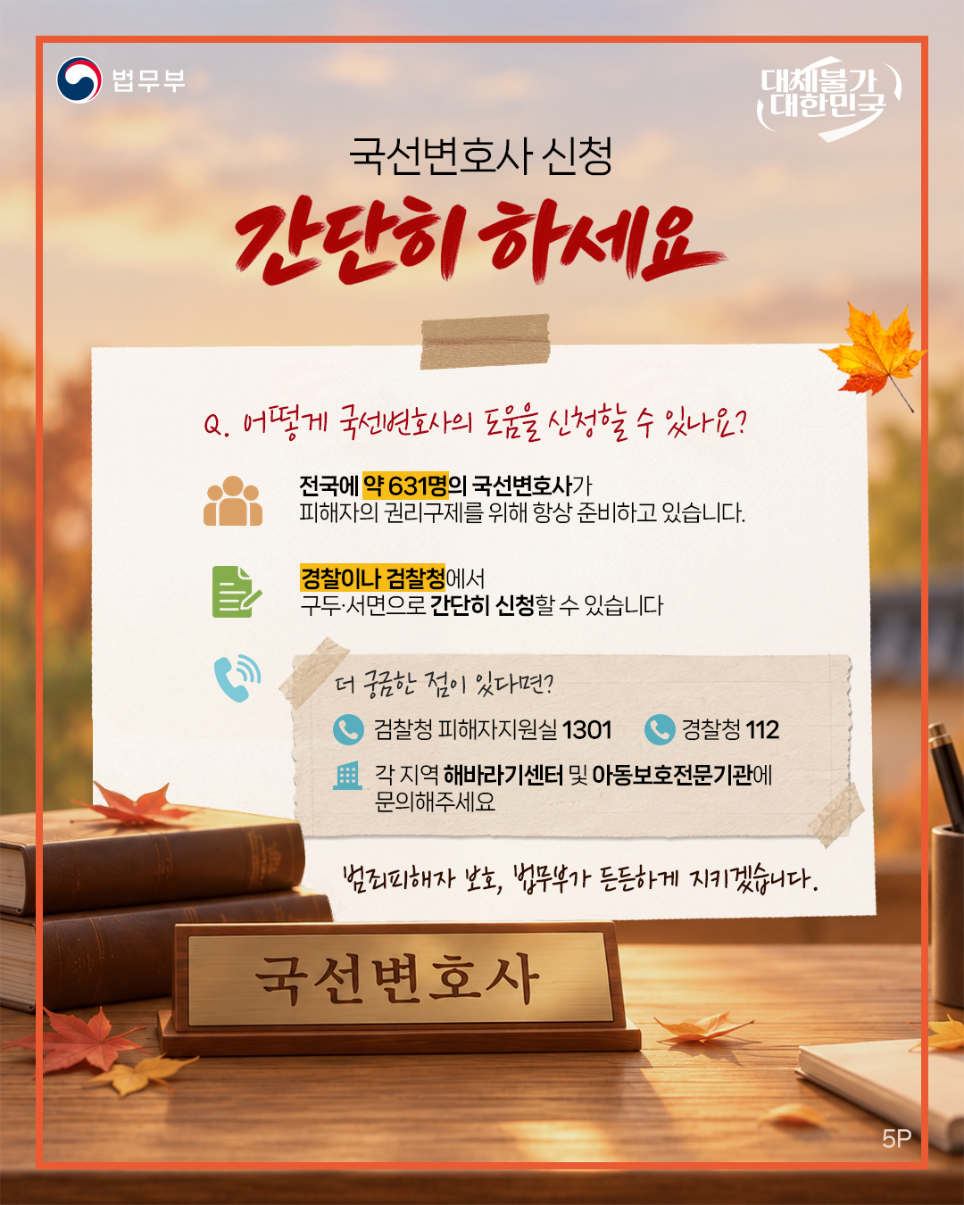 다섯번째 페이지입니다. 법무부. 대체불가 대한민국. <국선변호사 신청 간단히 하세요> Q. 어떻게 국선변호사의 도움을 신청할 수 있나요? -전국에 약 631명의 국선변호사가 피해자의 권리구제를 위해 항상 준비하고 있습니다. -경찰이나 검찰청에서 구두·서면으로 간단히 신청할 수 있습니다. -더 궁금한 점이 있다면? 검찰청 피해자지원실 1301, 경찰청 112, 각 지역 해바라기센터 및 아동보호전문기관에 문의해주세요. 범죄피해자 보호, 법무부가 든든하게 지키겠습니다. 끝.