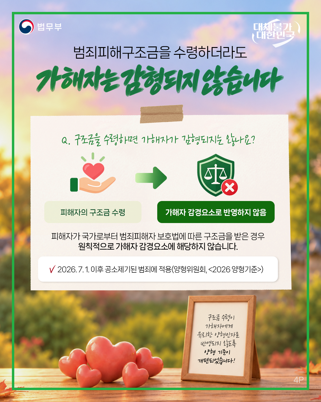 네번째 페이지입니다. 법무부. 대체불가 대한민국. 범죄피해구조금을 수령하더라도 가해자는 감형되지 않습니다. Q. 구조금을 수령하면 가해자가 감형되지는 않나요? 피해자의 구조금 수령 &rarr; 가해자 감경요소로 반영하지 않음. 피해자가 국가로부터 범죄피해자 보호법에 따른 구조금을 받은 경우 원칙적으로 가해자 감경요소에 해당하지 않습니다. 2026. 7. 1. 이후 공소제기된 범죄에 적용(양형위원회, <2026양형기준>). 구조금 수령이 가해자에게 유리한 양형인자로 반영되지 않도록 양형 기준이 개편되었습니다!
